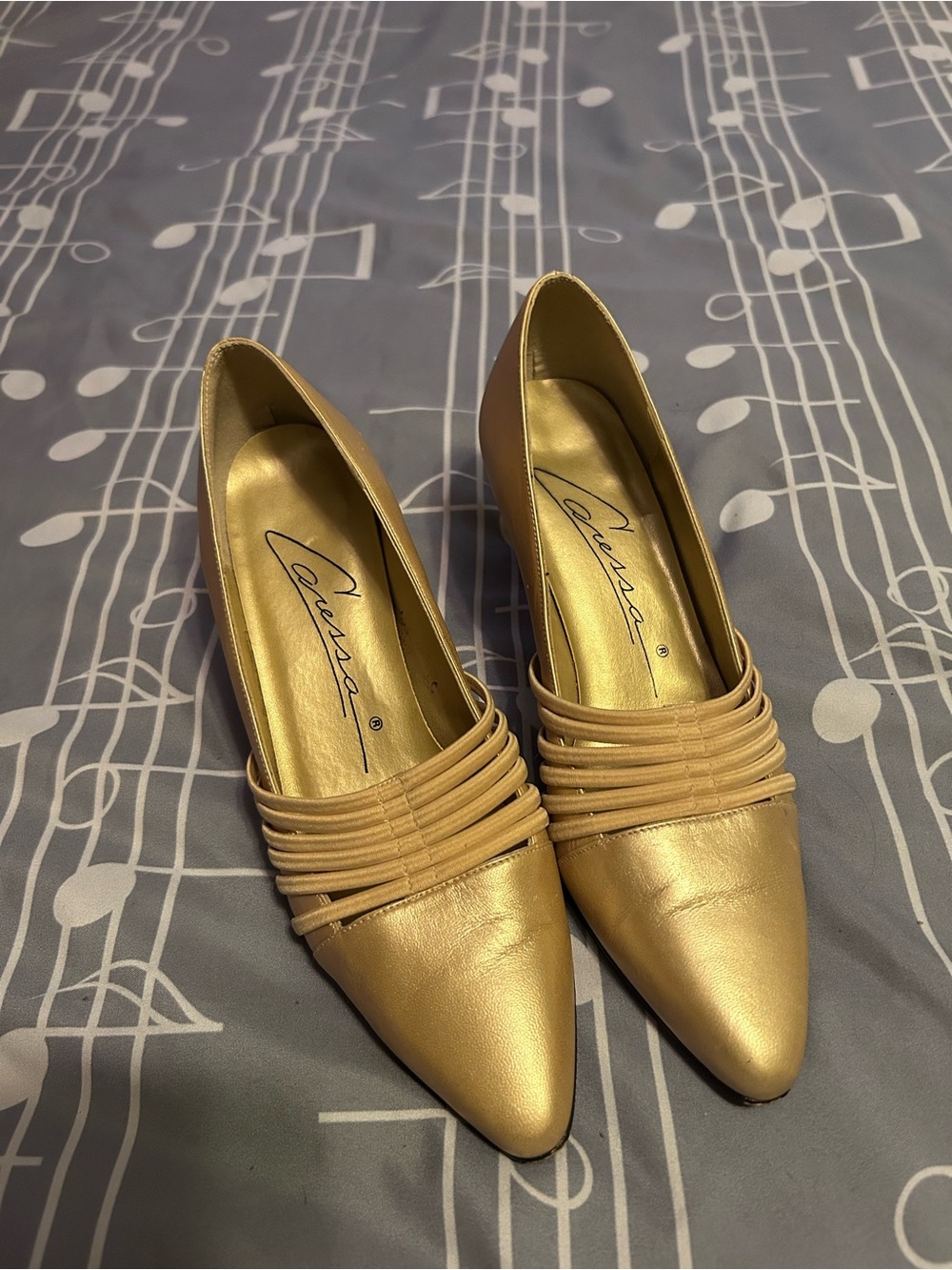Caressa Metallic Gold Pointed Toe Heels with Ruched‎ Strap Detail